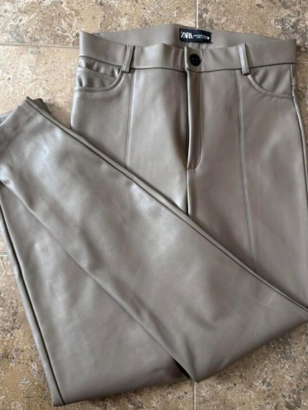 Zara Faux Leather Taupe Slim Straight Ankle Slit Pants Size M